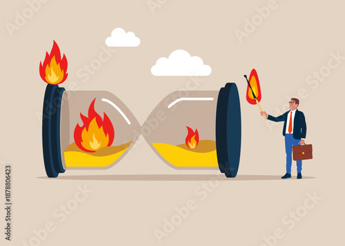 Businessman deliberately sets fire to sandglass. Hourglass with Fire. Work deadline or time management. Modern flat vector illustration.