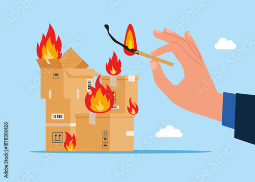 Deliberately sets fire to cardboard boxes. Boxes with Fire. Home delivery, courier, parcel post, international trade and online shopping. Modern flat vector illustration.