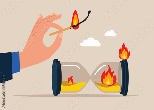 Deliberately sets fire to sandglass. Hourglass with Fire. Work deadline or time management. Modern flat vector illustration.