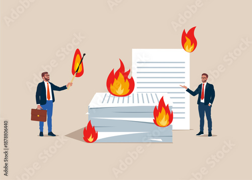 Businessman deliberately sets fire to stacks of documents. Signing business agreement in fire.  High bureaucracy. Backlog of work. Office stress. Modern flat vector illustration.