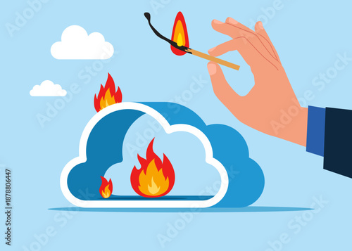 Hand deliberately sets fire to cloud storage. Server room with Fire. Network, data, security, digital interface, connection, processing and communication. Flat vector illustration.