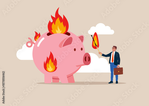 Businessman deliberately sets fire to piggy bank. Pink pig with Fire. Emptied the victim's savings. Deceptive schemes and financial fraud. Modern flat vector illustration.