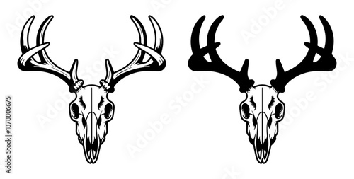 Deer Head Skull Skeleton Silhouette Black and White Wildlife Vector Art Illustration