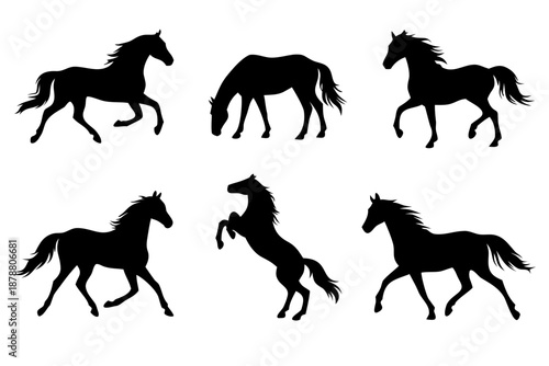 Set of black horse silhouettes in motion and grazing poses, including rearing and trotting figures. Equestrian ranch collection for western and sport themes.