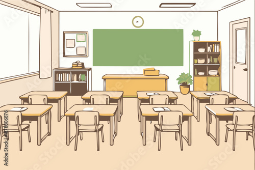 empty classroom interior with desks and blackboard