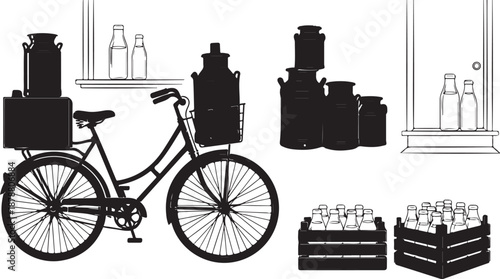 Bicycle loaded with milk bottles and crates illustration