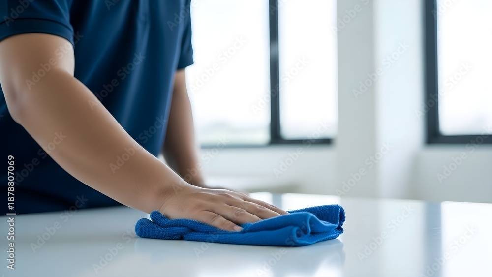 Fototapeta premium Person cleaning a white surface with a blue cloth