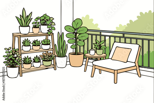 cozy balcony garden with potted plants and chair