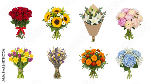 Fresh flower bouquet set including red roses, sunflowers, lilies, peonies, tulips, lavender, marigolds, and hydrangeas isolated. Floral arrangement and gift collection.