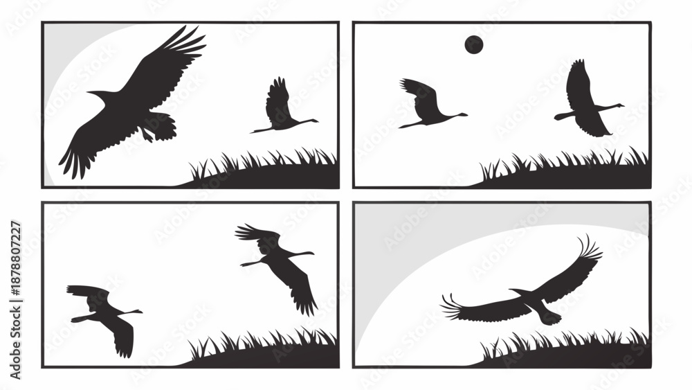 Fototapeta premium Migrating Cranes Flying in Sequence Across Sky for Nature Documentary or Environmental Web Design Background