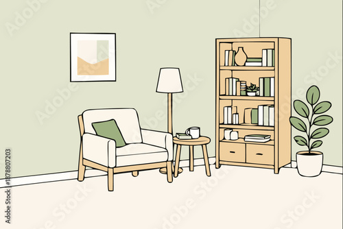 comfortable reading nook with armchair and bookshelf