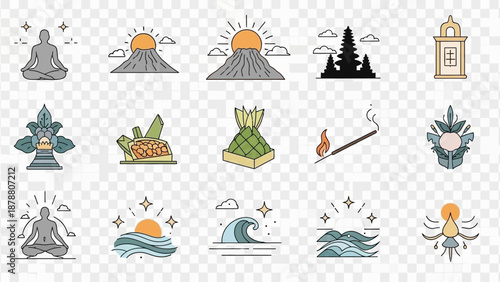 Collection of minimalist line art icons depicting spiritual, nature, and cultural elements like meditation, volcanoes, temples, waves, and crystals.