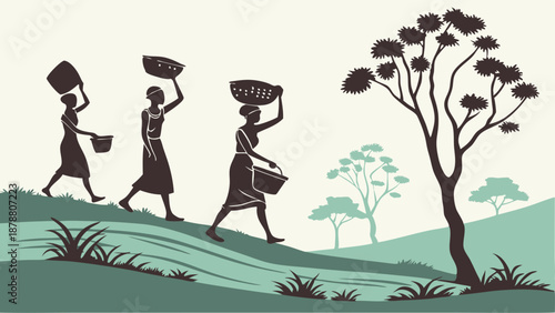 African Women Carrying Baskets Walking Uphill in Savannah Landscape for Agriculture or Rural Development Projects