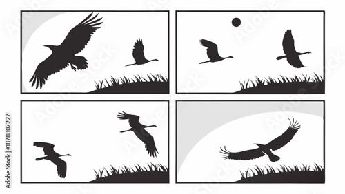 Migrating Cranes Flying in Sequence Across Sky for Nature Documentary or Environmental Web Design Background