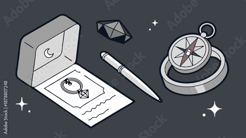 Heirloom Jewelry Gift Box Compass Pen Treasure Map Items for Adventure or Romance Storytelling Design