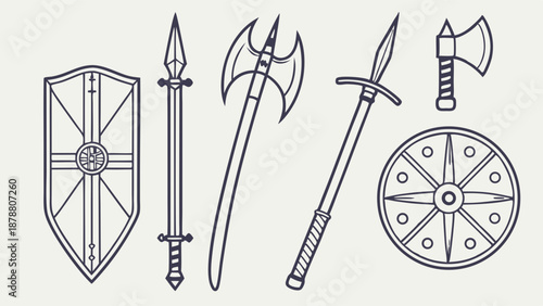 Medieval Weapon and Shield Set for Fantasy Game Design Historical Illustration Adventure RPG Asset Creation
