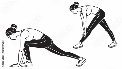 Active Woman Demonstrating Dynamic Lunge Stretch for Fitness App Workout Guide or Health Blog Illustration