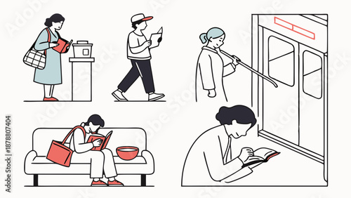 Diverse People Reading Books While Commuting Waiting and Relaxing Lifestyle Illustration for Education and Leisure Content