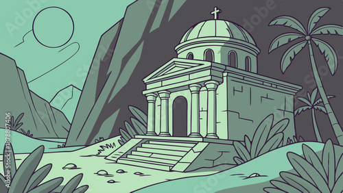 Ancient Temple Ruins in Lush Tropical Jungle Landscape for Travel Adventure Game Design or Historical Documentary Background