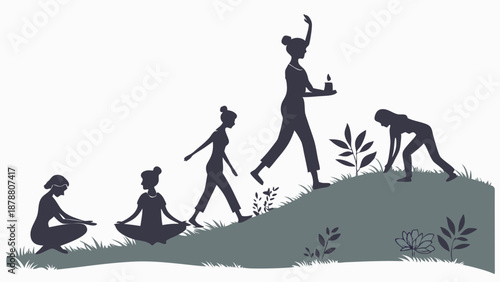 Woman's Journey of Growth Meditation Exercise and Service Progression Uphill for Wellness or Self-Improvement Design