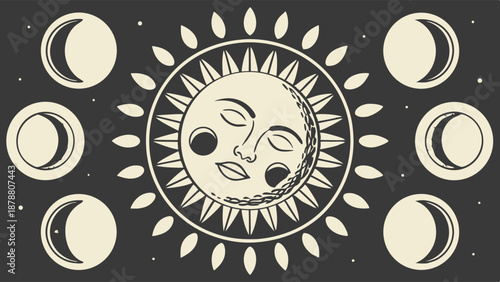 Celestial Sun and Moon Phases Cycle Mystical Astrology Graphic for Esoteric Branding Spiritual Website Design Tarot Reading Background