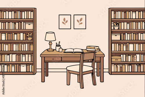 cozy home library study with desk and bookshelves