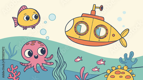 Cute Underwater Scene with Friendly Octopus Fish and Yellow Submarine for Children Book Illustration or Kids App Design