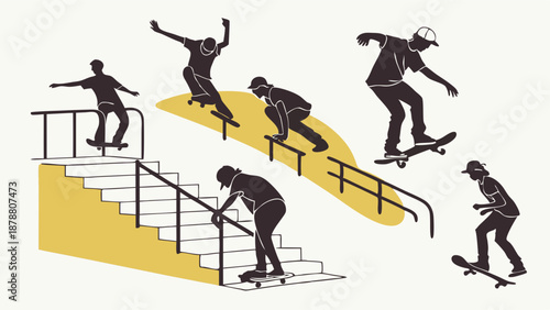 Skateboarders Performing Rail Grinds and Stairs Tricks Dynamic Action Sports Illustration for Youth Lifestyle Advertising and Extreme Sports Web Design