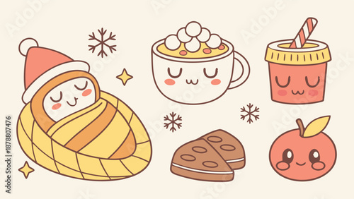 Cozy Kawaii Winter Scene Baby Swaddle Hot Cocoa Cookies Apple for Holiday Greeting Cards Web Design Cafe Menus