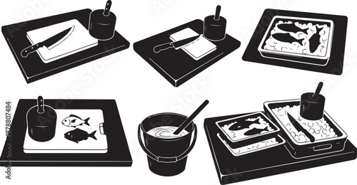 Various plates of food with utensils and cups arranged