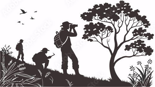 Silhouette of Wildlife Photographers Hiking on Hillside Observing Birds Near Tree for Nature Documentary or Travel Blog Design
