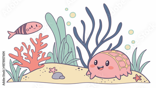 Cute Underwater Scene with Happy Sea Creature Fish and Coral for Children Book Design or Ocean Themed Web Graphics
