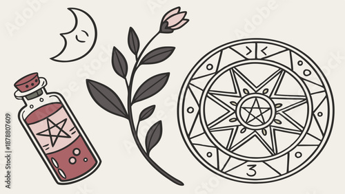 Witchcraft Potion Bottle Moon Herb Occult Magic Symbol for Spiritual Branding Design Projects