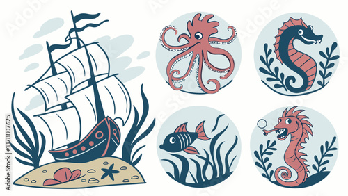 Nautical Adventure Set Vintage Pirate Ship and Cute Sea Creatures for Kids Ocean Theme Design Projects