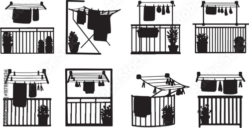 Clothes drying on balcony railings in various settings daily