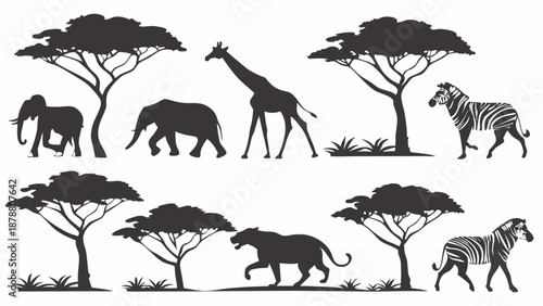 African Safari Silhouette Set Elephants Giraffes Zebras Trees for Travel Posters Wildlife Design Elements