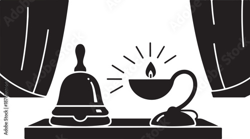 Vintage lamp and hotel bell on a table setting