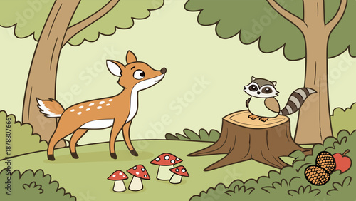 Cute Fawn and Raccoon Meeting in Sunny Forest Clearing for Children's Book Illustration or Nature Education Material