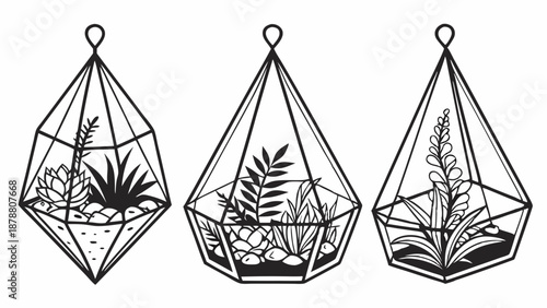 Geometric Terrarium Decor Line Art Icons Set for Home Gardening Blog Web Design DIY Project Illustration