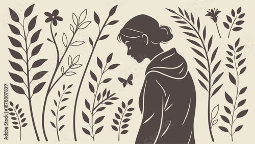 Solitude Silhouette of Woman Among Botanical Foliage for Wellness Blog Design or Mental Health Website Banner