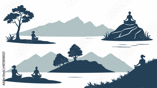 Zen Meditation Silhouettes in Serene Mountain Landscape for Wellness Retreats Yoga Studio Web Design Calm Focus