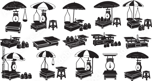 Black and white illustration of various market stalls setup
