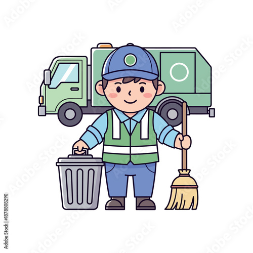 A sanitation worker stands with a trash can and broom beside a green garbage truck.