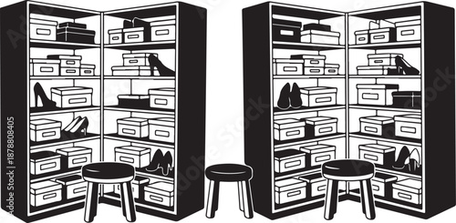 Black and white illustration of shoe storage shelves system