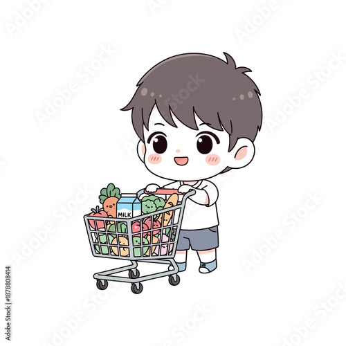 A young boy pushes a shopping cart filled with groceries and milk.