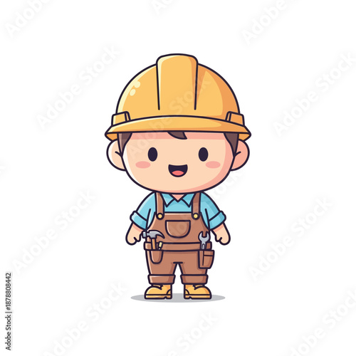 Cartoon construction worker character standing confidently in a white background
