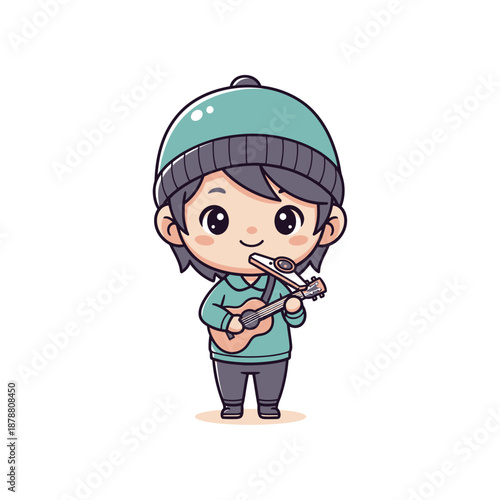 A cartoon boy wearing a beanie plays a ukulele with a smile on his face indoors.
