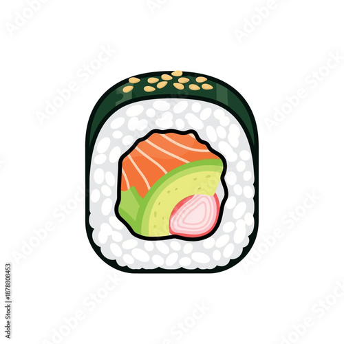 Illustration of a salmon sushi roll with avocado and salmon on a white background