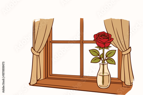 red rose in vase on window sill with curtains