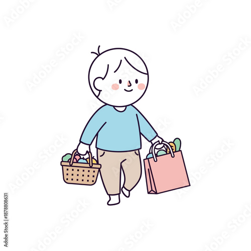 A cartoon boy happily carries a basket and shopping bag filled with groceries.